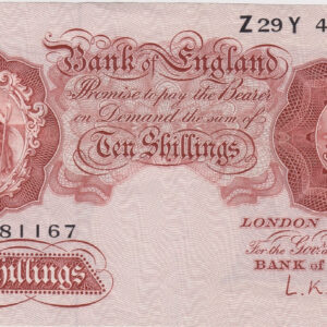 B271 O'Brien Ten Shillings Z29Y Banknote. This is the 1955 Issue, with Britannia on the obverse and Prefix / Serial Number Z29Y 481167.