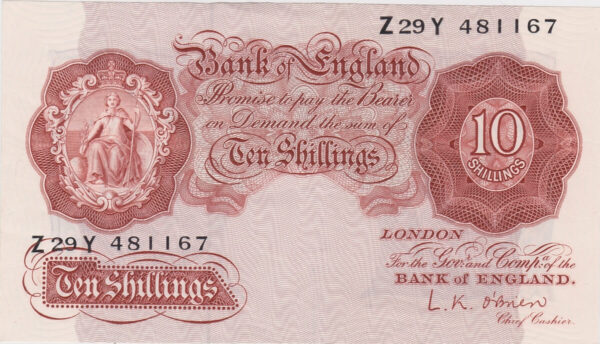 B271 O'Brien Ten Shillings Z29Y Banknote. This is the 1955 Issue, with Britannia on the obverse and Prefix / Serial Number Z29Y 481167.