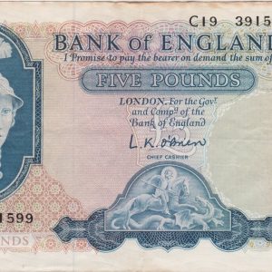 B277 O'Brien Five Pounds Banknote. The note features Britannia and George & the dragon. The note was issued in 1957 with Prefix / Serial Numbers C19 391599.