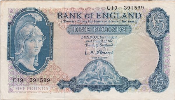 B277 O'Brien Five Pounds Banknote. The note features Britannia and George & the dragon. The note was issued in 1957 with Prefix / Serial Numbers C19 391599.