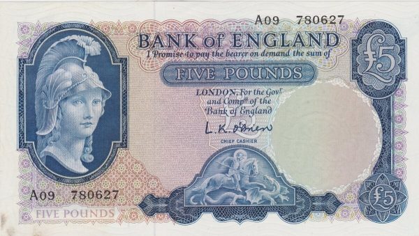 B277 O'Brien Five Pounds Banknote. The note features Britannia and George & the dragon. The note was issued in 1957 with Prefix / Serial Numbers A09 780627.