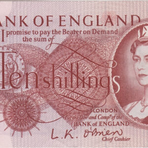 B286 O'Brien Ten Shillings First Series Banknote issued in 1961. The obverse features the portrait of Queen Elizabeth II and a seated figure of Britannia.