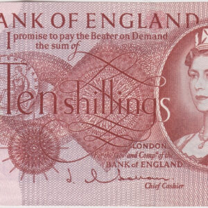 B296 Hollom Ten Shillings Replacement Banknote issued in 1963. The obverse features the portrait of Queen Elizabeth II and a seated figure of Britannia.
