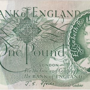 B305 Fforde One Pound Last Series Banknote X09C. This is the green 1967 Issue. The banknote has the Serial Number X09C 152679.