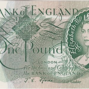 B306 Fforde One Pound Replacement Banknote R21M. This is the green 1967 Issue. The banknote has the Serial Number R21M 581687.