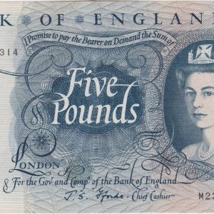 B313 Fforde Five Pounds Banknote. Deep blue on multicolour underprint. Queen Elizabeth II on the obverse. The reverse has Britannia.