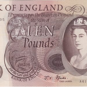 B316 Fforde Ten Pounds banknote. The obverse features HM Queen Elizabeth II at the right. The reverse features a lion facing left at centre.