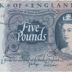 B325 Page Five Pounds Banknote. Deep blue on multicolour underprint. Queen Elizabeth II on the obverse. The reverse has Britannia.