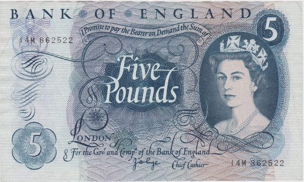 B325 Page Five Pounds Banknote. Deep blue on multicolour underprint. Queen Elizabeth II on the obverse. The reverse has Britannia.