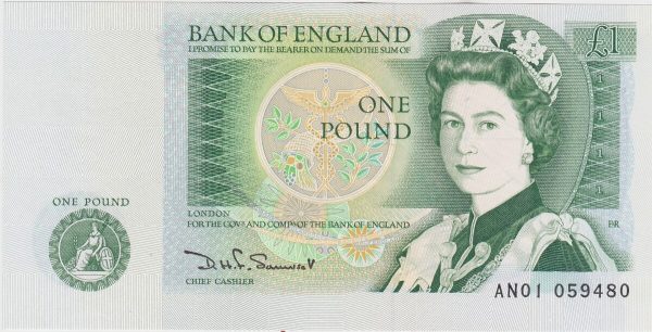 B341 Somerset One Pound First Run Banknote AN01. This is the green 1981 Issue. The banknote has the Serial Number AN01 059480.