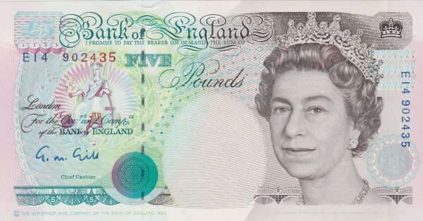 B357 Gill Five Pounds Banknote. Queen Elizabeth II & Britannia on the obverse. The reverse features George Stephenson. E14 902435.