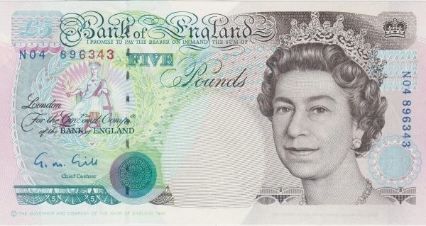 B357 Gill Five Pounds Last Run Banknote. Queen Elizabeth II & Britannia on the obverse. The reverse features George Stephenson. N04 896343.