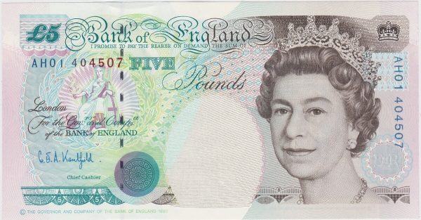B364 Kentfield Five Pounds Banknote. Queen Elizabeth II & Britannia on the obverse. The reverse features George Stephenson. AH01 404507.