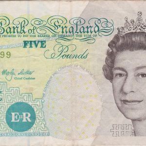 B397 Lowther Five Pounds Banknote. Queen Elizabeth II & Britannia on the obverse. The reverse features Elizabeth Fry. XC04 998599.