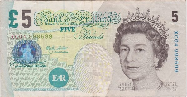B397 Lowther Five Pounds Banknote. Queen Elizabeth II & Britannia on the obverse. The reverse features Elizabeth Fry. XC04 998599.