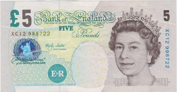B397 Lowther Five Pounds Banknote. Queen Elizabeth II & Britannia on the obverse. The reverse features Elizabeth Fry. XC12 998722.