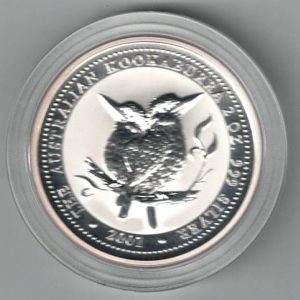 Boxed 2001 Australia Silver Two Ounce Kookaburra Coin. This coin features the portrait of Elizabeth II Facing to the Right.
