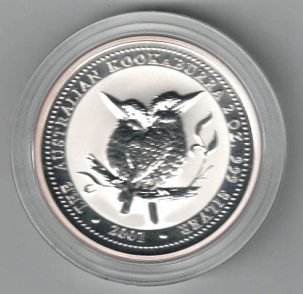 Boxed 2001 Australia Silver Two Ounce Kookaburra Coin. This coin features the portrait of Elizabeth II Facing to the Right.