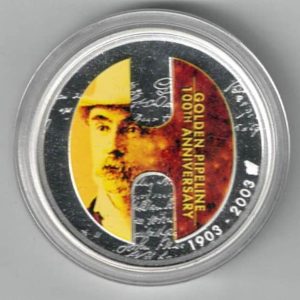 Boxed 2003 Australia Silver One Ounce Golden Pipeline Coin. Elizabeth II is on the obverse, The coin contains one ounce of 999 fine silver.