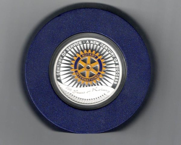 Boxed 2005 Australia Silver Proof One Ounce Rotary International. Elizabeth II is on the obverse, The coin contains one ounce of 999 fine silver.