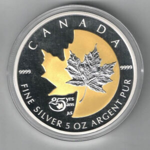 Boxed 2013 Canada Silver Five Ounce Maple Leaf Anniversary This coin weighs 157.60 grams of 0.999 silver. All coins are in stock.