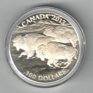 Boxed 2013 Silver Canada One Ounce Bison Stampede Coin. Elizabeth II is on the obverse. The coin contains one ounce of 999 fine silver.