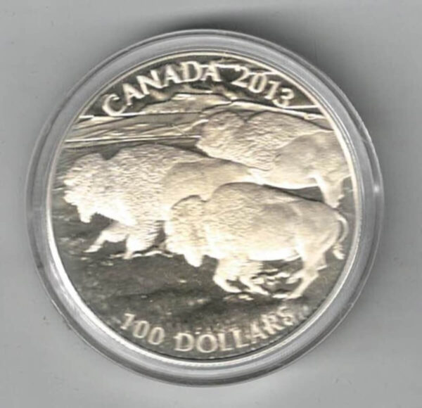 Boxed 2013 Silver Canada One Ounce Bison Stampede Coin. Elizabeth II is on the obverse. The coin contains one ounce of 999 fine silver.