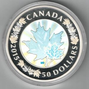 Boxed 2015 Canada Silver Proof Five Ounce Lustrous Maple Leaves Hologram Coin This coin weighs 157.60 grams of 0.999 silver. All coins are in stock.