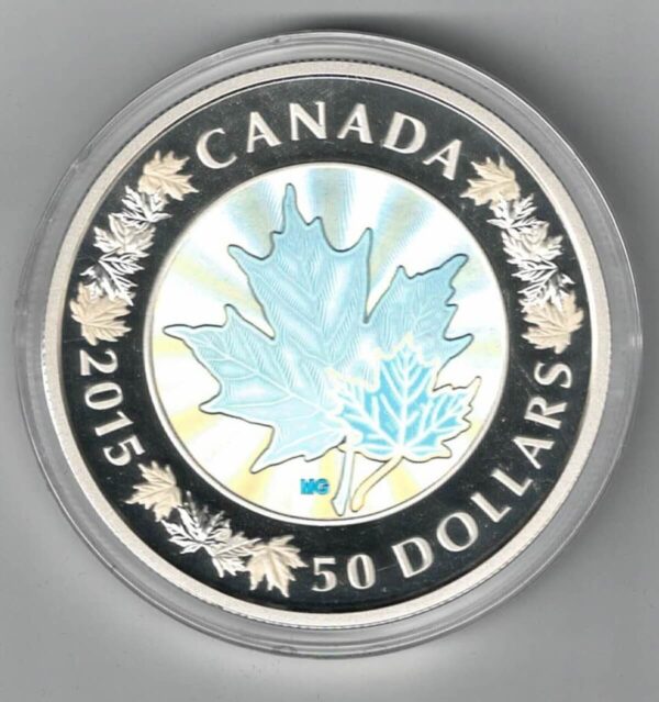 Boxed 2015 Canada Silver Proof Five Ounce Lustrous Maple Leaves Hologram Coin This coin weighs 157.60 grams of 0.999 silver. All coins are in stock.
