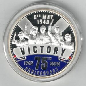 Boxed 2020 Solomon Islands Silver Proof One Ounce VE Day. Elizabeth II is on the obverse, The coin contains one ounce of 999 fine silver.