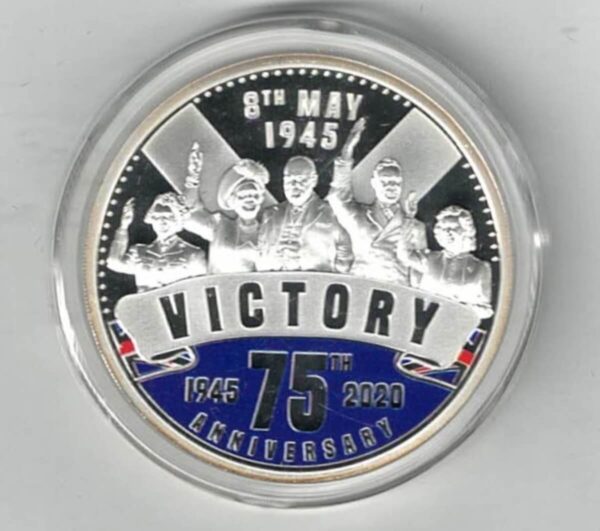 Boxed 2020 Solomon Islands Silver Proof One Ounce VE Day. Elizabeth II is on the obverse, The coin contains one ounce of 999 fine silver.