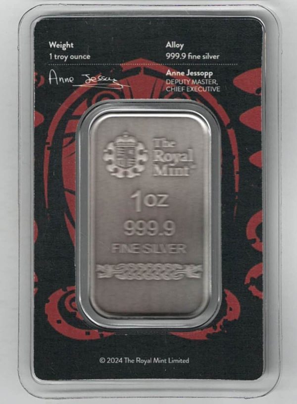 Royal Mint One Ounce Silver Antique Finish Odin Bar. All of our silver bars have been pre-owned and are in stock. This bar contains one ounce of 999 fine Silver.