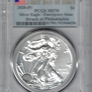 Slabbed PCGS 2020 Silver USA One Ounce Eagle. The liberty is on the obverse, The eagle is on the reverse. The coin contains one ounce of 999 fine silver.