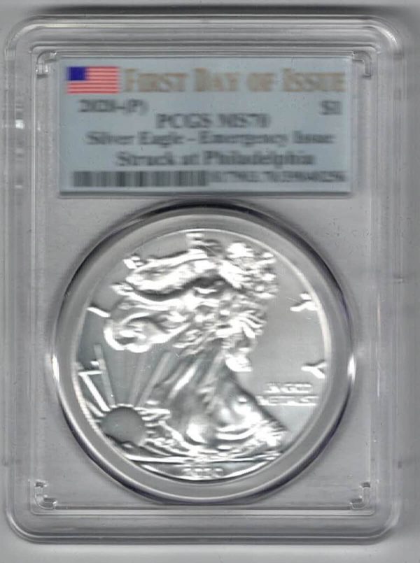 Slabbed PCGS 2020 Silver USA One Ounce Eagle. The liberty is on the obverse, The eagle is on the reverse. The coin contains one ounce of 999 fine silver.