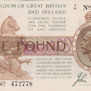 T16 Bradbury One Pound banknote. The obverse features the portrait of King George V at the right and St. George and Dragon at left.