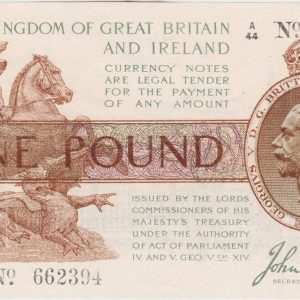 T16 Bradbury One Pound First Series banknote. The obverse features the portrait of King George V at the right and St. George and Dragon at left.