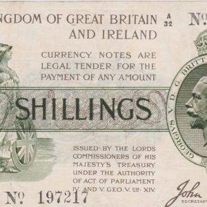 T17 Bradbury Ten Shillings banknote. This is the 1918 issue. This green and brown banknote features King George V on the obverse.