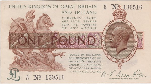 T24 Fisher One Pound Banknote K Over 51. The obverse features the portrait of King George V at the right and St. George and Dragon at left.