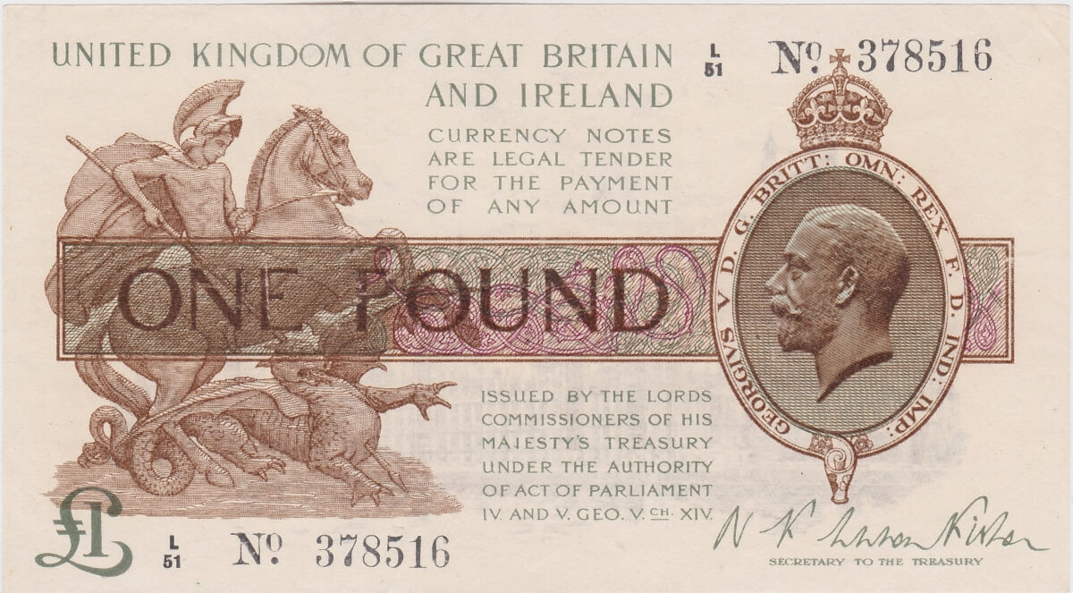 T24 Fisher One Pound Banknote L Over 51. The obverse features the portrait of King George V at the right and St. George and Dragon at left.