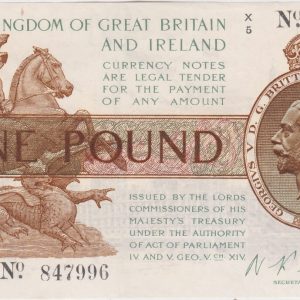 T24 Fisher One Pound Last Series Banknote. The obverse features the portrait of King George V at the right and St. George and Dragon at left.