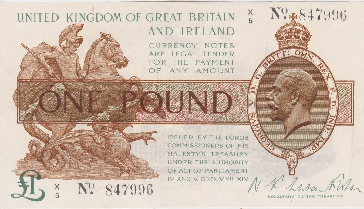 T24 Fisher One Pound Last Series Banknote. The obverse features the portrait of King George V at the right and St. George and Dragon at left.