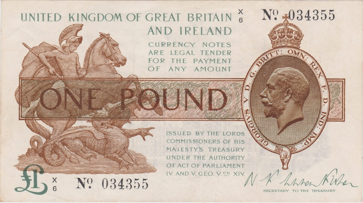 T24 Fisher Last Series One Pound Banknote. The obverse features the portrait of King George V at the right and St. George and Dragon at left.