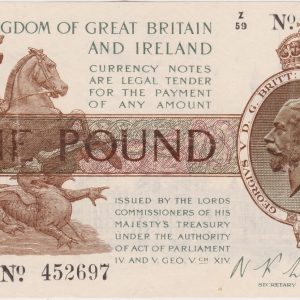 T24 Fisher One Pound Banknote Z Over 59. The obverse features the portrait of King George V at the right and St. George and Dragon at left.