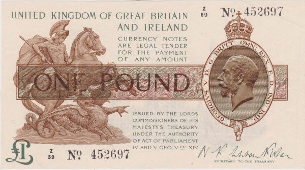 T24 Fisher One Pound Banknote Z Over 59. The obverse features the portrait of King George V at the right and St. George and Dragon at left.