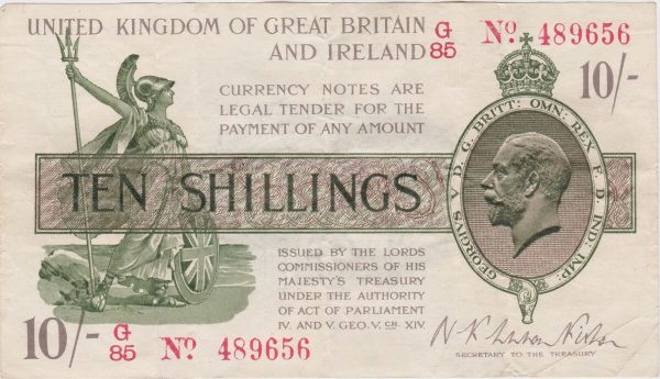 T25 Warren Fisher Ten Shillings banknote. This was issued in 1919 with George V on the obverse. Serial Number G over 85 489656.