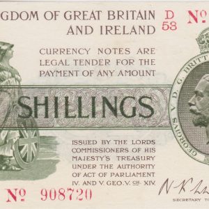 T26 Warren Fisher First Series Ten Shillings banknote. This was issued in 1919 with George V on the obverse. Serial Number D over 53 908720.