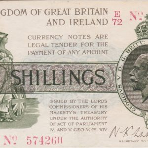 T26 Warren Fisher Ten Shillings banknote. This was issued in 1919 with George V on the obverse. Serial Number E over 72 574260.