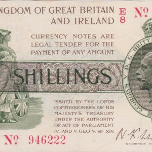 T26 Warren Fisher Ten Shillings banknote. This was issued in 1919 with George V on the obverse. Serial Number E over 8 946222.
