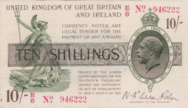 T26 Warren Fisher Ten Shillings banknote. This was issued in 1919 with George V on the obverse. Serial Number E over 8 946222.