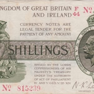 T26 Warren Fisher Ten Shillings banknote. This was issued in 1919 with George V on the obverse. Serial Number F over 44 815239.